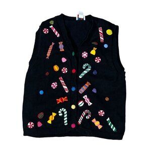 VTG Talbots Kids Christmas Sweater Vest Knit Candy Black Size 16 Colorful Girl's